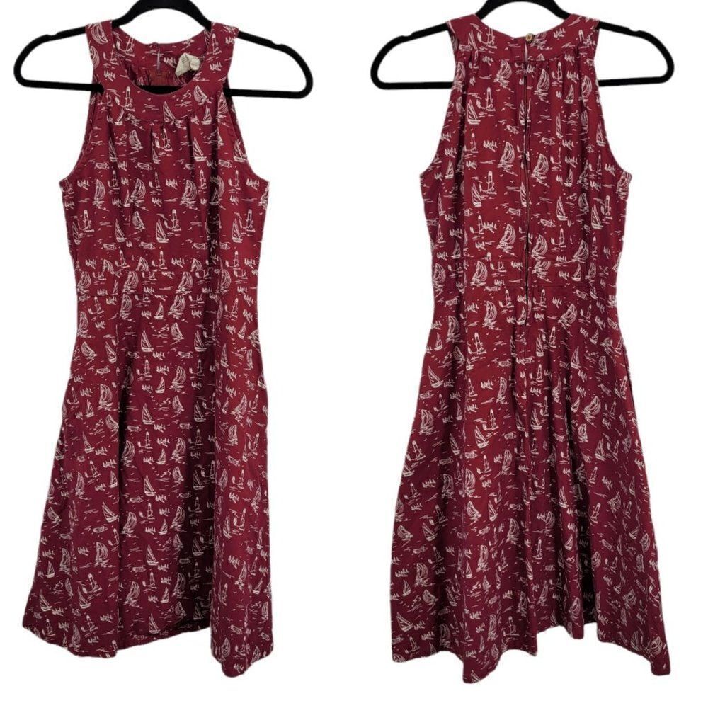 Mata Dress Womens S Cotton Fit & Flare Novelty‎ Lighthouse Sailboat Maroon